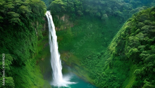 Majestic Towering Waterfall Surrounded By Lush Gr