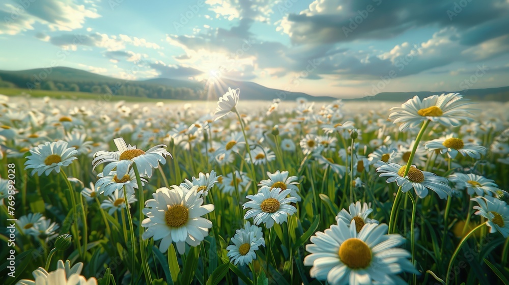 Idyllic Mountain Landscape with Lush Daisy Field
