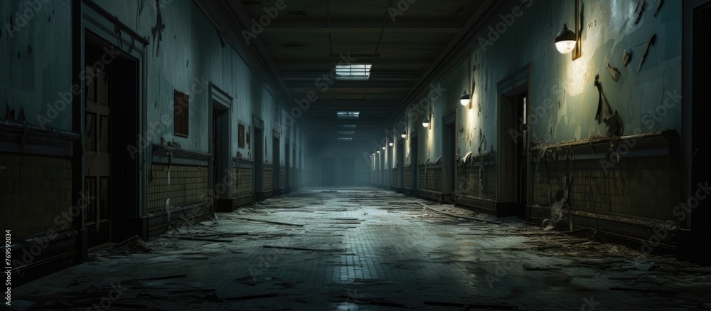 Fototapeta premium A long hallway in a city building with numerous doors and bright lights, creating a symmetrical pattern. The fixtures and art on the walls add to the eventful atmosphere, breaking the darkness