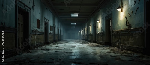 A long hallway in a city building with numerous doors and bright lights, creating a symmetrical pattern. The fixtures and art on the walls add to the eventful atmosphere, breaking the darkness