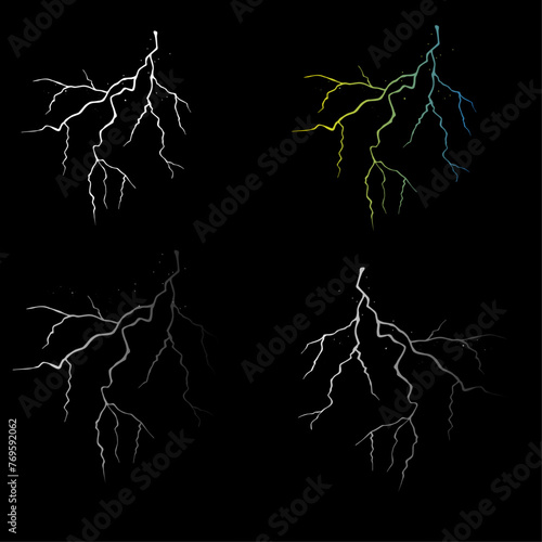 Thunder vector, Set of thunder lightning in the dark, Lightning vector
