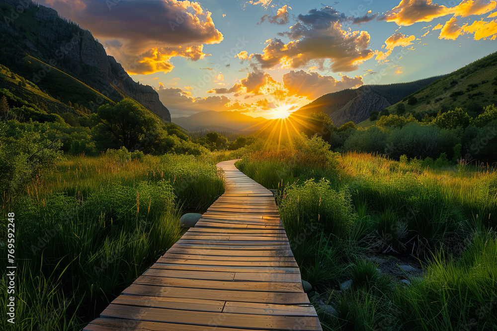 A wooden path through a beautiful valley during sunset - obrazy, fototapety, plakaty 