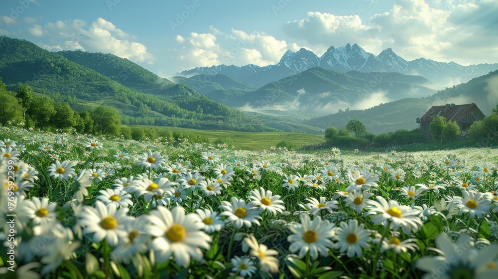 Idyllic Mountain Landscape with Lush Daisy Field
