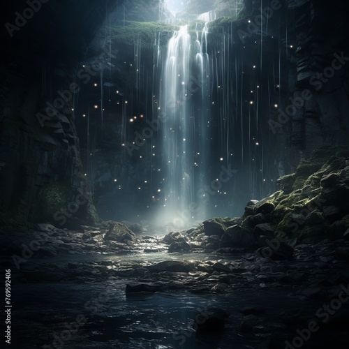 illustration of Waterfall atmospheric lighting, Generative ai