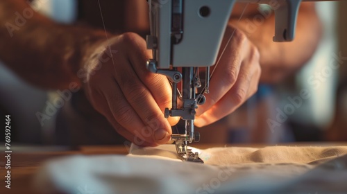 Focused view of a tailor's hands operating a sewing machine, symbolizing craftsmanship and precision. photo