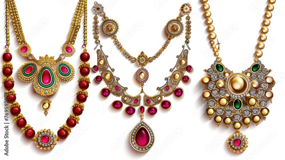 Obraz premium Beautiful luxury necklace set collection. Isolated on white background , generative AI