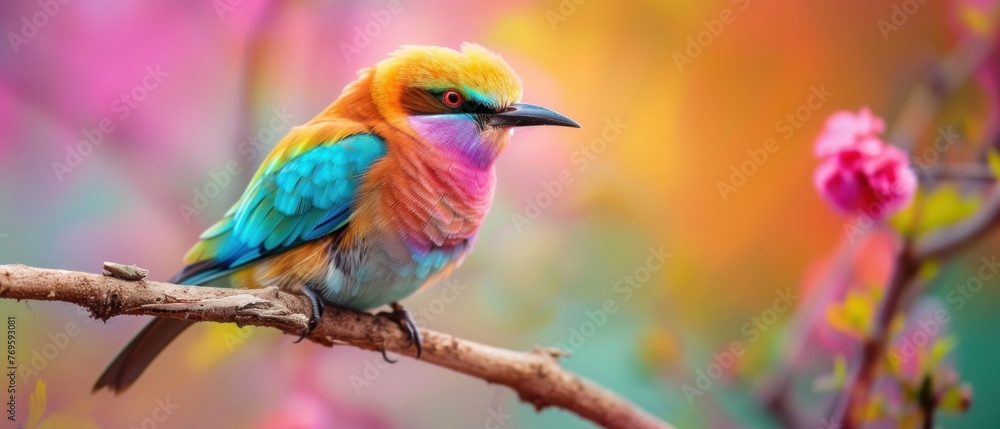 Vibrant bird perched on a branch with a soft, bokeh background.