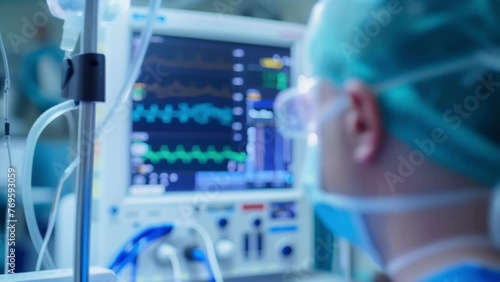 The anesthesiologist carefully monitors the patients oxygen levels and vital signs using an anesthesia machine equipped with advanced monitoring technology. photo