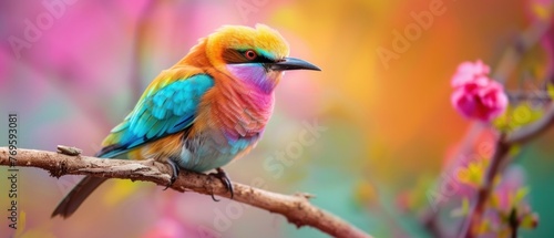 Vibrant bird perched on a branch with a soft, bokeh background.