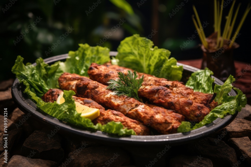 Juicy kebab in a clay dish against a green plant leaves background