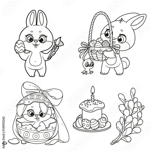 Set of Easter bunnies, eggs and Easter cake and a little chicken sits nearby outlined for coloring © Azuzl