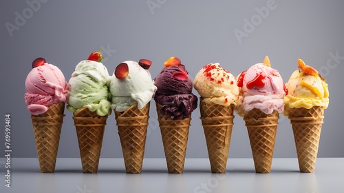 ice cream cones of different flavors. 