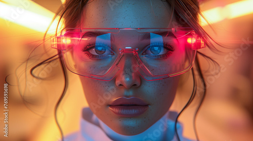 Photorealistic Full Body Shot, beautiful woman wearing glasses. AI Generated