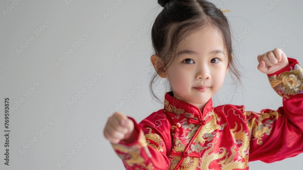 Asian girl dancing kung fu isolate light background