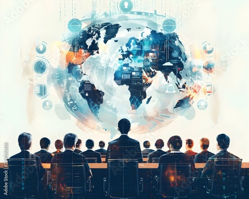 Global Business Teams Connected Through Digital Video Conference With Interactive World Map Display © Thares2020