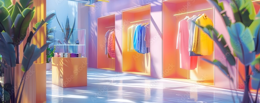 Futuristic Virtual Retail Experience with Vibrant Augmented Reality Fittings and Vibrant Colorful Display Racks