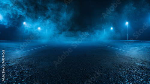 A dark empty street, dark blue background, an empty dark scene, neon light, spotlights The asphalt floor and studio room with smoke float up the interior texture. night view