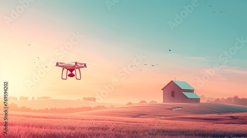 Drone Flying Over Scenic Farm Field at Sunset Technology Driven Sustainable Agriculture Concept