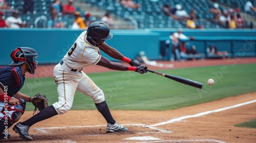 Baseball player swinging a bat during a game, action shot