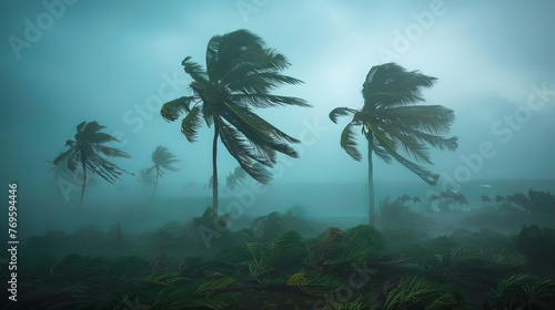 Coconut palm trees being blown by strong winds in a tropical storm under an overcast sky. © Zero Zero One