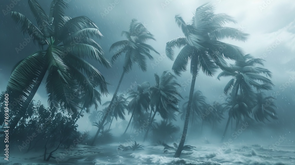 Coconut palm trees being blown by strong winds in a tropical storm under an overcast sky. - obrazy, fototapety, plakaty 