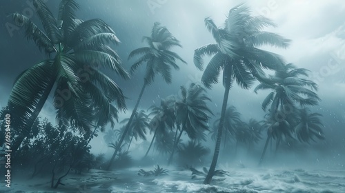 Coconut palm trees being blown by strong winds in a tropical storm under an overcast sky. photo