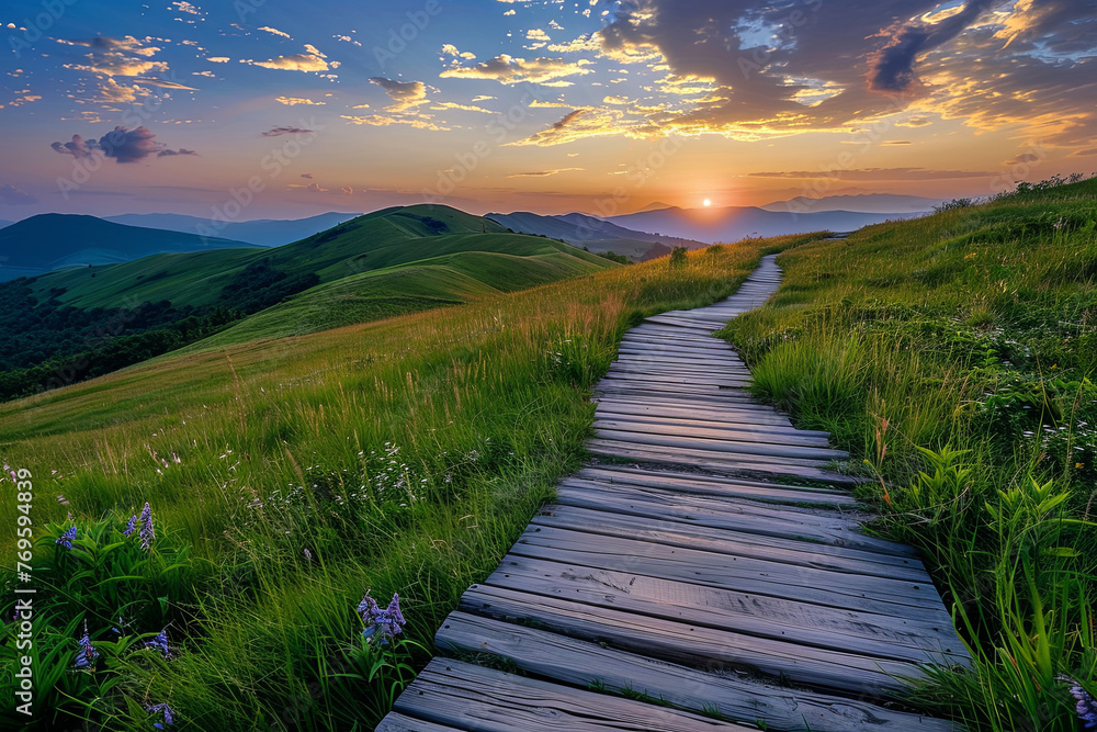 A wooden path through beautiful green hills during sunset A wooden path through beautiful green hills during sunset