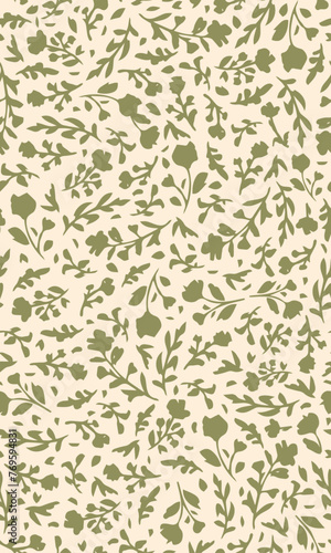 Hand drawn, sage green botany seamless repeat pattern. Random placed, vector flowers and leaves aop, all over surface print.