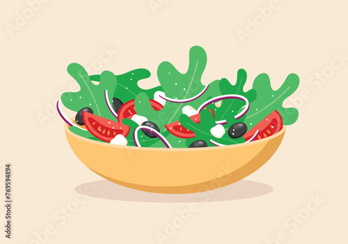 vector illustration in flat style. vegetable salad with cabbage leaves (greens), tomatoes, cheese, onions, olives