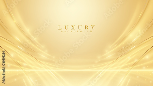 Elegant abstract background of golden swirls line with shimmering particles and bokeh decorations, Warm stage atmosphere idea for luxury branding.