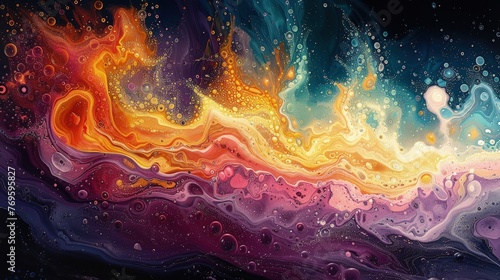 Vivid abstract painting with fluid waves of cosmic colors, Concept of dynamic movement, energy, and expressive art 