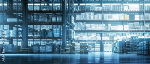 Modern warehouse interior with rows of shelves with packages under bright LED lighting at night.