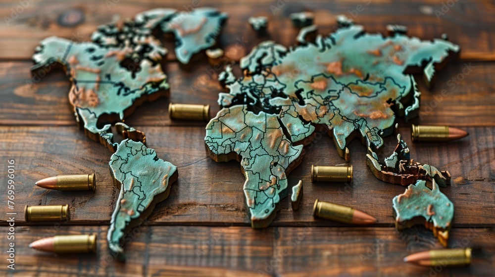 World map with bullet casings representing continents on dark 