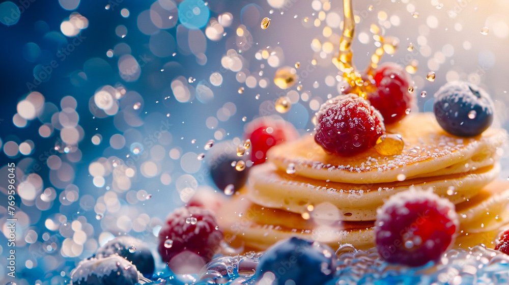 Fluffy pancakes topped with fresh berries and golden syrup amidst a sparkling blue backdrop