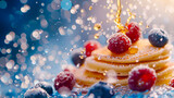 Fluffy pancakes topped with fresh berries and golden syrup amidst a sparkling blue backdrop