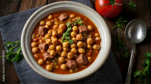 Chickpea and meat stew, chickpea and meat soup, hearty stew.generative.ai