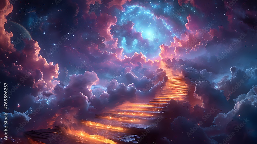 twisting stairs to the sky, to heaven with star and galaxy - obrazy, fototapety, plakaty 
