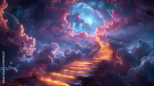 twisting stairs to the sky, to heaven with star and galaxy #769596257