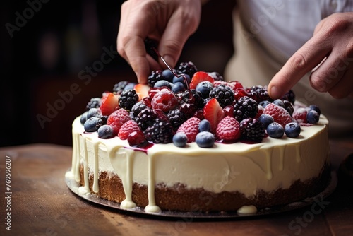 Close-up of a baker's hands placing berries on top of a cheesecake.