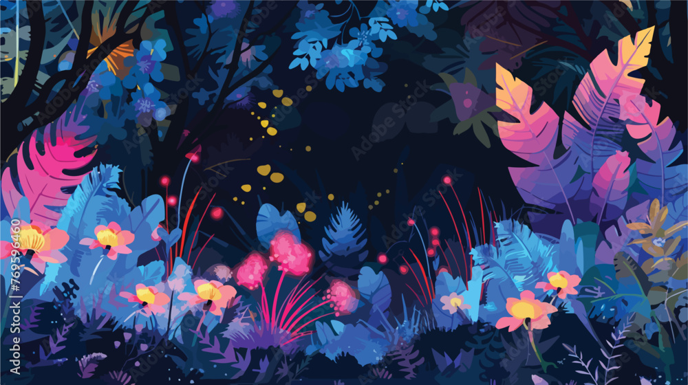 Colorful fantasy forest foliage at night glowing flow