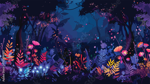 Colorful fantasy forest foliage at night glowing flow