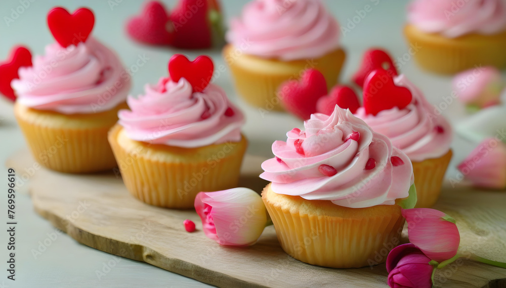 cupcake with pink frosting with pink heart shape on top in the white background