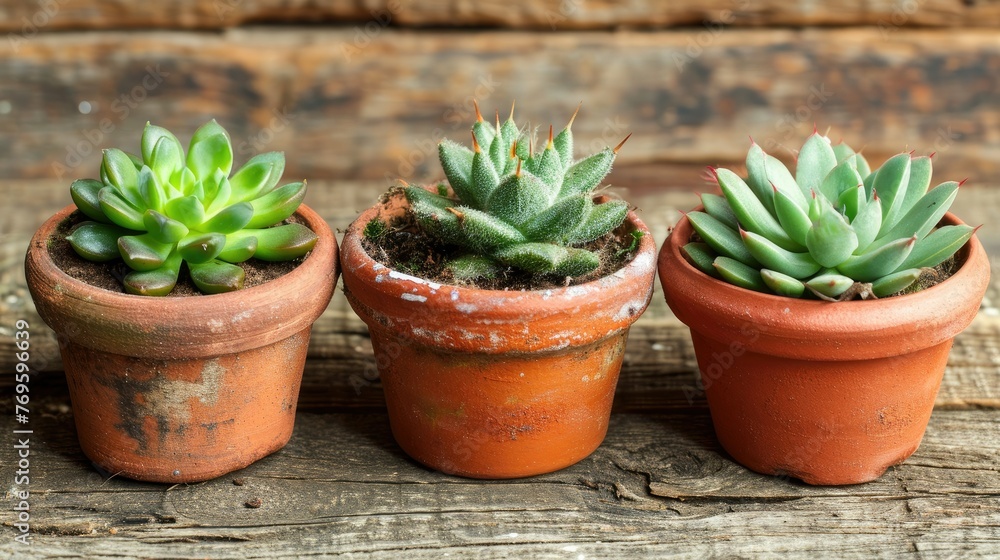 Three succulent plants in terracotta pots on a rustic wooden background. Three succulent plants in terracotta pots on a rustic wooden background.