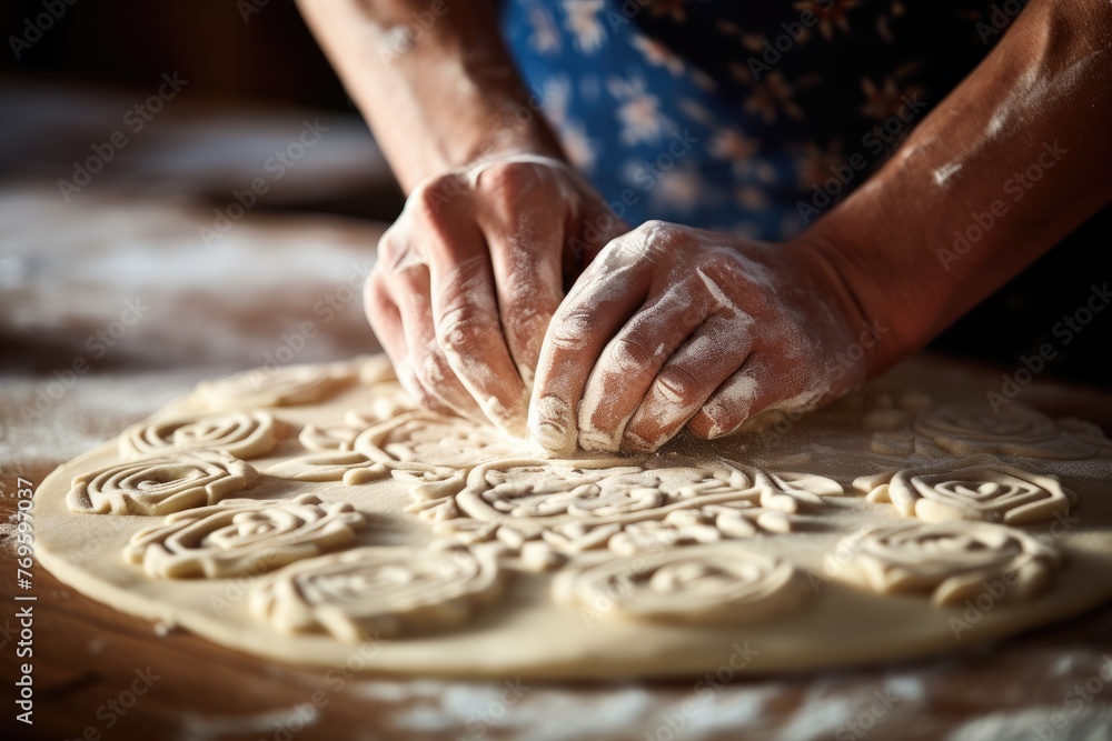 Selective focus on a baker's hands cutting decorative patterns on pastry dough. Selective focus on a baker's hands cutting decorative patterns on pastry dough.