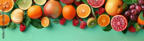 Assorted Citrus Fruits with Berries and Mint Leaves on Green Background