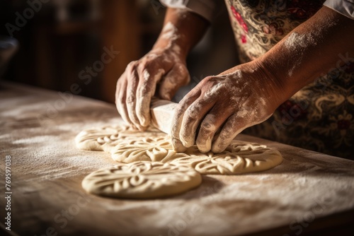 Selective focus on a baker's hands cutting decorative patterns on pastry dough.