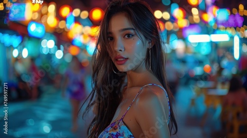 Asian young woman in summer. She put on makeup, her long hair was a little messy, and she was wearing a cheongsam and high heels. The background is the night streets of pattaya,thailand