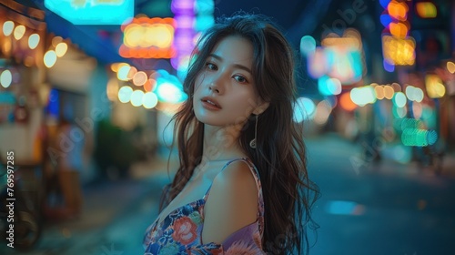 Asian young woman in summer. She put on makeup, her long hair was a little messy, and she was wearing a cheongsam and high heels. The background is the night streets of pattaya,thailand