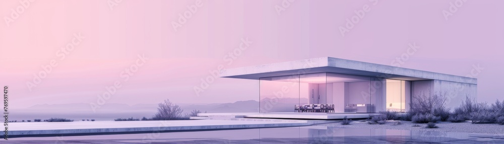 Modern Minimalist House at Dusk with Reflection on Water Modern Minimalist House at Dusk with Reflection on Water