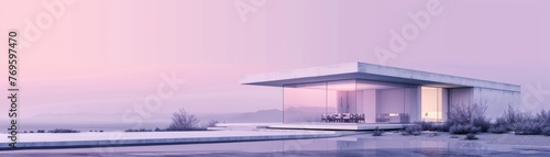 Modern Minimalist House at Dusk with Reflection on Water
